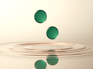 Emerald Drop: The artwork captures a series of verdant, spherical droplets suspended mid-air, poised to make a splash within concentric water ripples. Evoking tranquility and delicate equilibrium.