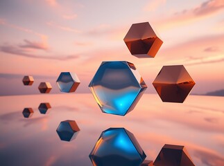 Abstract Geometric Elements: Floating geometric shapes reflect a stunning sky at dusk, creating an ethereal atmosphere.