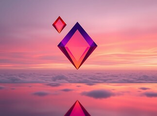 Abstract Gem in Sunset Serenity: A mesmerizing, floating geometric gem, in varying shades of rose and violet, hovers peacefully amidst a backdrop of a tranquil sunset landscape.