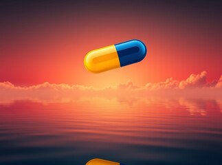 Pill Floating in the Sky: A surreal scene presents a single pill gracefully floating over a serene expanse of water, reflecting the vibrant hues of a colorful sky. 