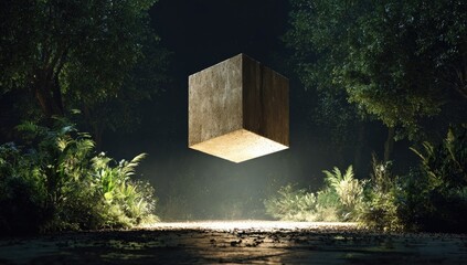 Floating cube in a dark jungle