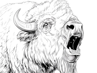 A detailed sketch showcases a formidable bison with a thick, shaggy coat, horns and open mouth, exuding the raw power of the animal kingdom. The artwork captures the bison's strength and wild nature.