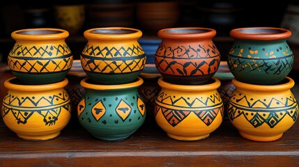 Handcrafted ceramic pots with intricate patterns offering a vibrant display of artisan skill