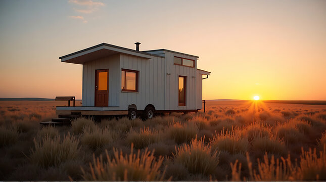 A picturesque tiny house on wheels nestled in a grassy field at sunset serene