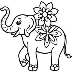 Obraz premium Cute cartoon elephant with flowers on its back isolated on white background black and white line drawing