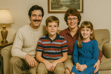 Vintage family portrait from the 1980s with smiling parents and two children sitting together in a cozy living room. Captured with warm tones and nostalgic atmosphere. retro style concept.