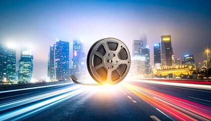 Dynamic light trails forming a glowing video reel icon, set against a misty urban skyline with sharp, vivid contrasts