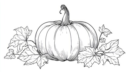 An illustrated pumpkin surrounded by detailed leaves in monochrome