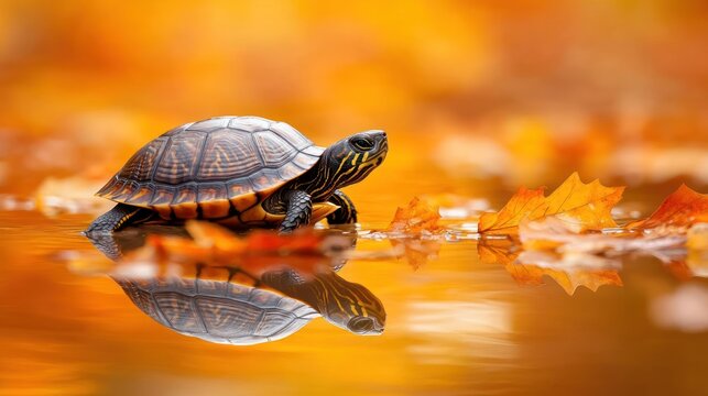 Tiny turtle on autumn leaves, reflected in water