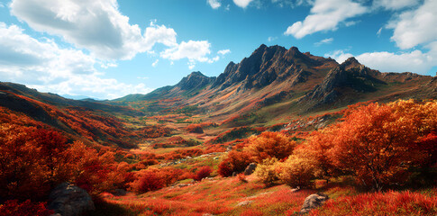 Vibrant Autumn Foliage Covering Rolling Hills and Rocky Mountains Under Clear Blue Sky
