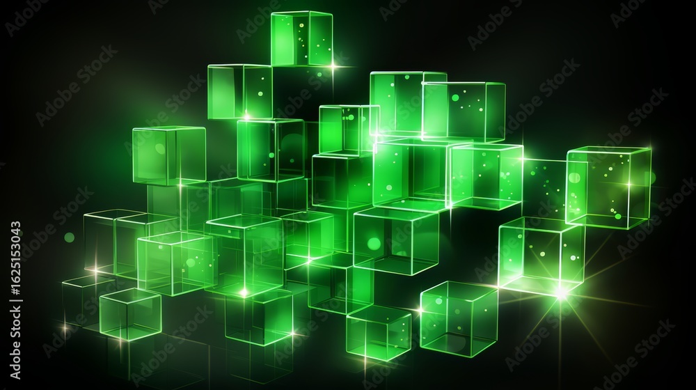 Poster green cube wall with a lot of light shining on it. the cubes are all different sizes and are arrange