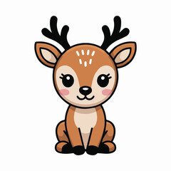 Illustration of a cute cartoon deer sitting with brown fur and black antlers on a white background