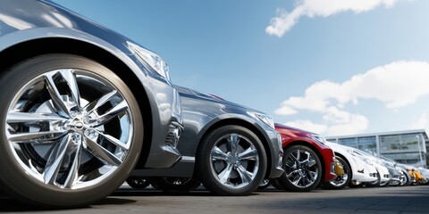 The sleek lineup of modern cars at a vibrant dealership under a sunny sky.