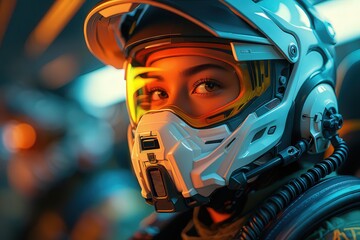 Photorealistic Racing Helmet Close-Up: Aerodynamic Design with Cyan Body & Reflective Orange Stripes Generative AI 