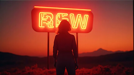 Fototapeta premium Neon sign 'REW' illuminating a silhouette during sunset in a desert landscape