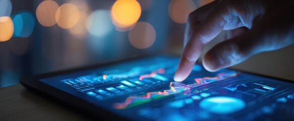 The digital tablet displaying financial analytics and interactive data visualizations.