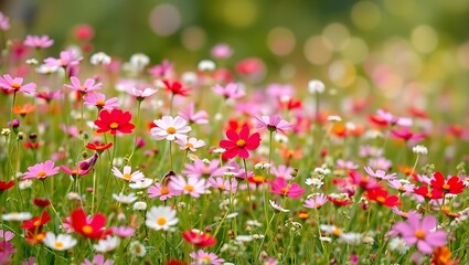 Obraz premium Vibrant Cosmos Flowers in a Lush Meadow under the Warm Sunlight Glow