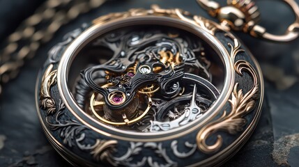 A detailed close up of an ornate pocket watch with intricate gears and a decorative chain visible