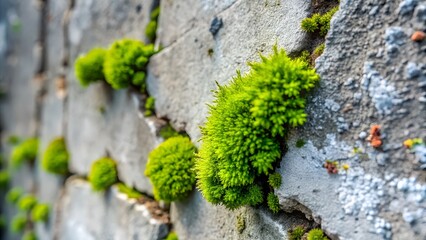 Vibrant Green Moss Growing on Weathered Stone Wall; Close-up Nature Texture