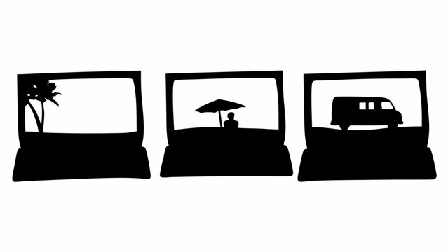 Three screens displaying different scenes including a beach, person with umbrella and a van image 100