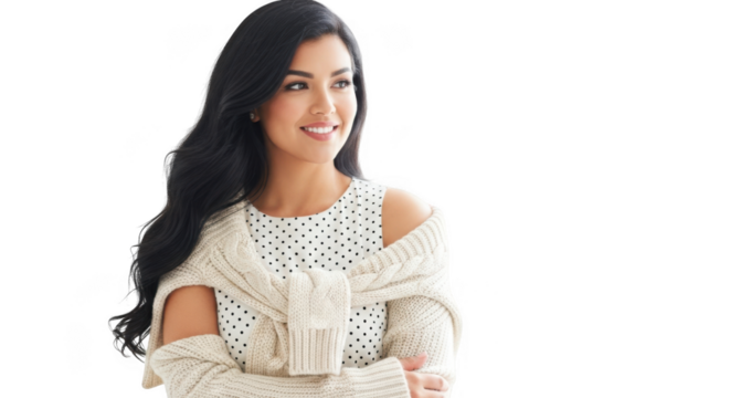 Young woman smiling and looking away, isolated on transparent background