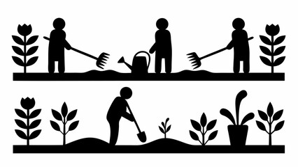 Illustration of people gardening with rakes, watering can, and shovel amidst plants and flowers in black silhouette