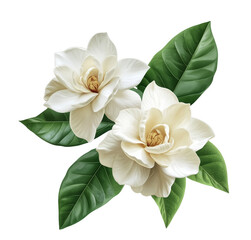 Naklejka premium Elegant watercolor illustration of two white magnolia flowers with lush green leaves on white background
