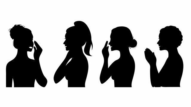Four silhouettes of women in profile with different hairstyles and hand gestures in black and white tones