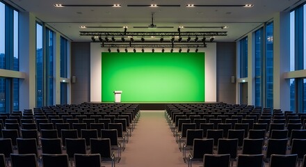 Interior of a modern congress hall with empty chairs and a large green screen, concept of a virtual presentation or online seminar