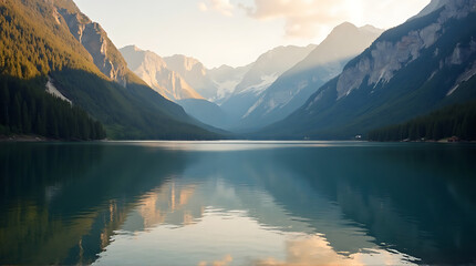 Lake reflection capturing the majestic mountainous landscape on a clear day