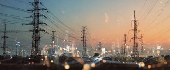 The intricate power lines illuminating the skyline at sunset with connections.