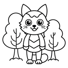 Cute cartoon cat standing between two stylized trees in a simple outline drawing for coloring