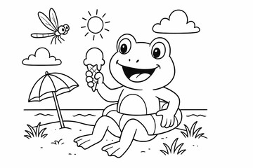 Obraz premium A happy frog relaxes at the beach with an ice cream, wearing a float ring and smiling under the sun. A tropical leisure coloring scene