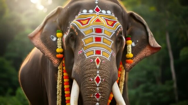 Happy Onam Festival: Majestic Indian Elephant with Traditional Paint and Garlands for a Sacred Festival Ceremony Gajapayana