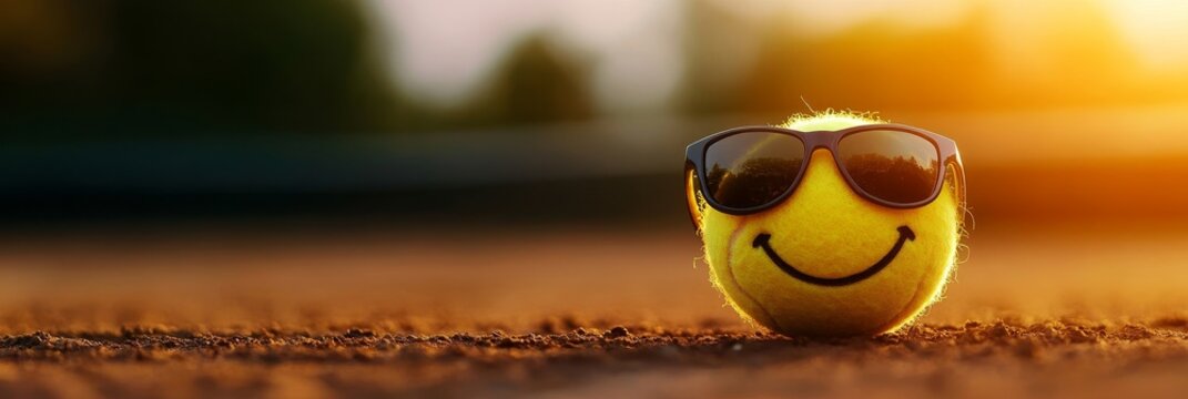 Happy Tennis Ball in Sunglasses - A smiling tennis ball wearing sunglasses sits on a clay court at sunset. Symbolizing fun, summer, sport, happiness, and leisure