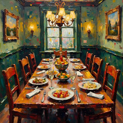 Elegant Dining Room Table Set for Dinner in Vibrant Oil Painting Style
