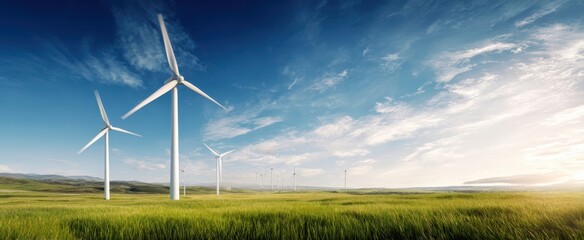 The serene landscape featuring multiple wind turbines generating clean energy.