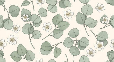 Elegant botanical concept with a seamless pattern of hand-drawn eucalyptus leaves and delicate white flowers on a soft background. © Muhammad