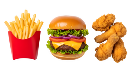 Conceptual mock-up of a burger, french fries, and fried chicken arranged on a white background. It has space for text and a logo. Clipping path is included.

