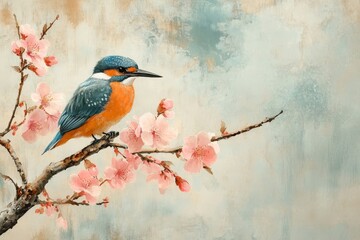 Kingfisher and Peach Blossoms in Spring - A kingfisher perches on a delicate branch adorned with blossoming peach flowers. Symbolizing spring, beauty, serenity, hope, and new beginnings
