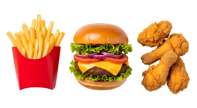 Conceptual mock-up of a burger, french fries, and fried chicken arranged on a white background. It has space for text and a logo. Clipping path is included.

