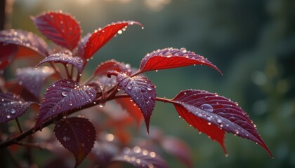 Fototapeta premium Close up Deep Red Leaves Glistening with Morning Dew Drops