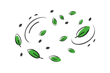 Dynamic swirling green leaves on white background
