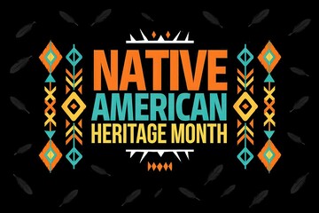 Modern Native Heritage Month Design: Bold Orange-Turquoise-Yellow Typography with Geometric Tribal Patterns Generative AI 