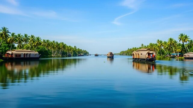 Happy Onam Festival: Serene Journey Gliding on a Houseboat Through Kerala's Lush Tropical Backwaters