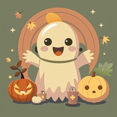 Cute ghost celebrating halloween with pumpkins and falling leaves