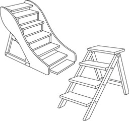 Indoor playground equipment, wooden stairs, slide combo, children’s play structure, safe design, durable build, creative activity, physical fun, home use, vector sketch