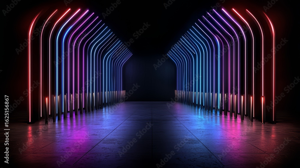 Poster long, dark tunnel with neon lights. the lights are in different colors, creating a vibrant and energ