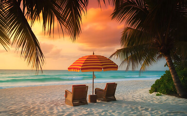A childlike crayon drawing of a sunny beach scene with a palm tree, umbrella, and deck chair.