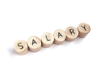 salary - round wooden pieces with letters, sign with round wooden pieces on white background